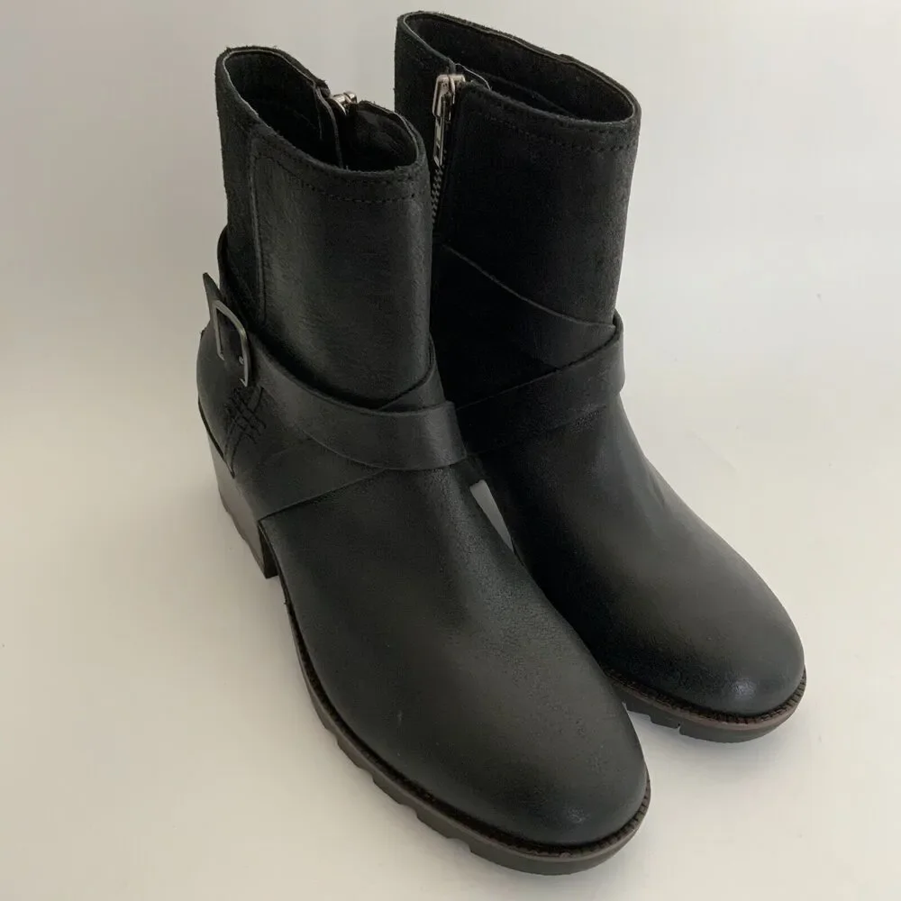 New Sorel Cate Waterproof Leather Boots Harness Buckle Zip Black 7.5